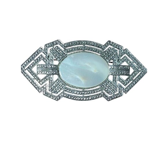 Large Silver Marcasite Mother of Pearl Brooch Vintage Ladies Pin - Picture 5 of 5